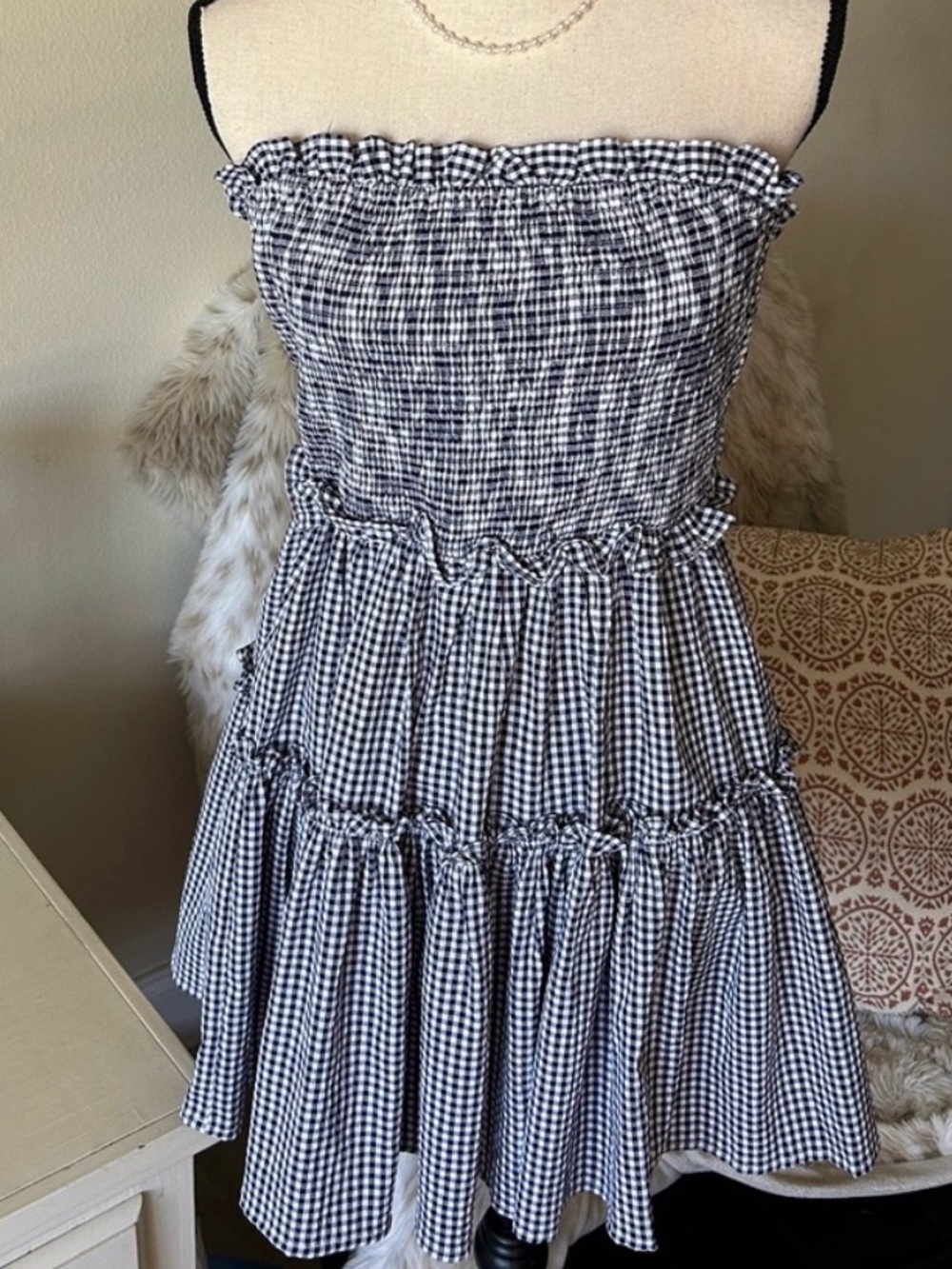 Altar'd State Navy and White Gingham Smocked Dress
